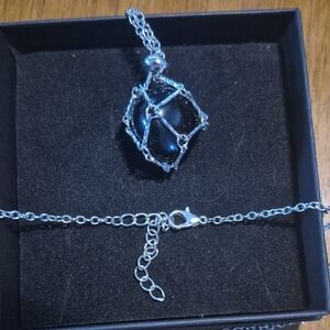 Silver Crystal Cage Necklace with Obsidian Stone